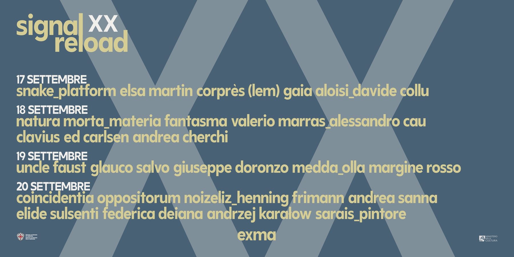 Locandina di signal RELOAD XX con il programma delle quattro giornate all’EXMA di Cagliari